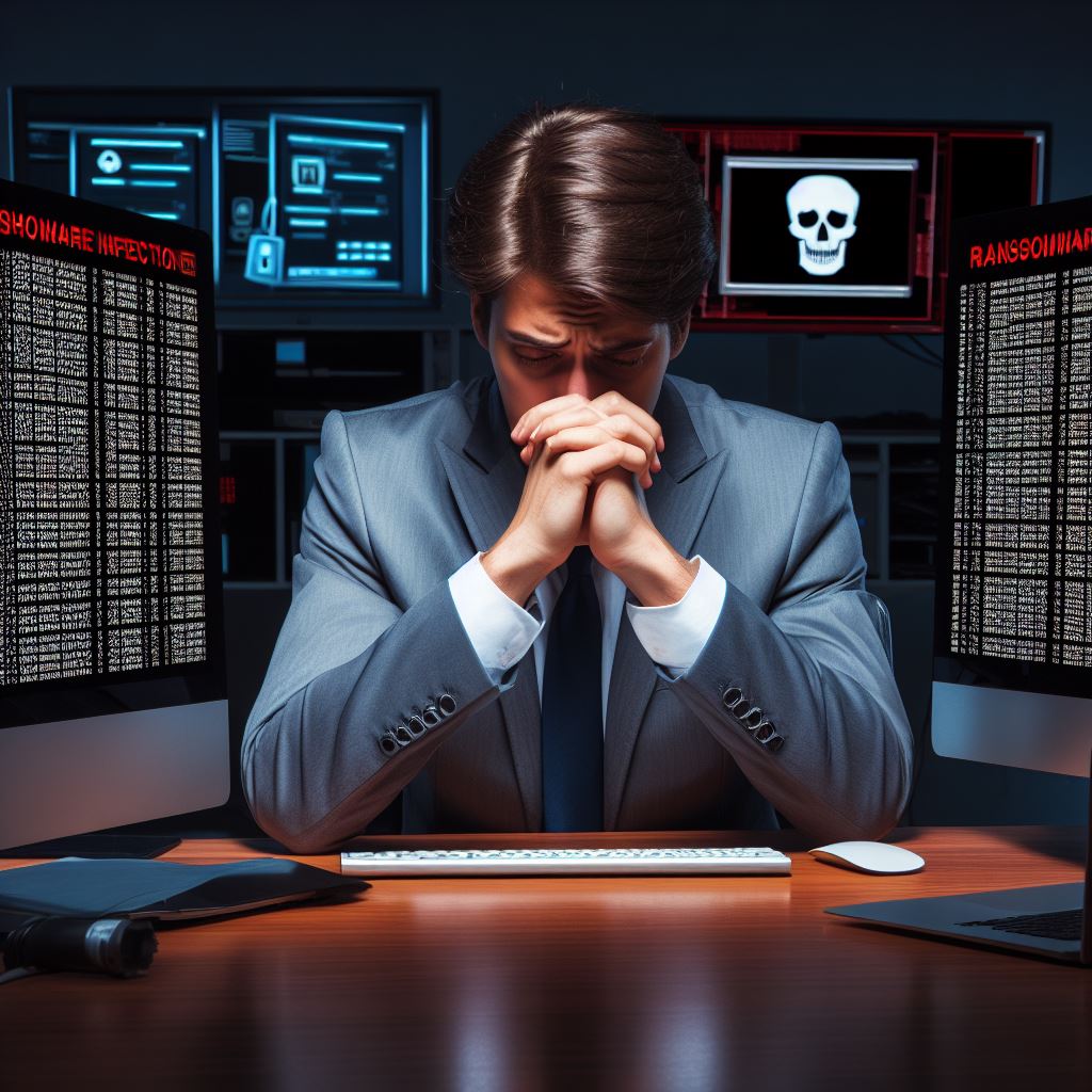 man in business suit sitting on desk worried sad not happy with several monitors in background showing ransomware viruses virus on display