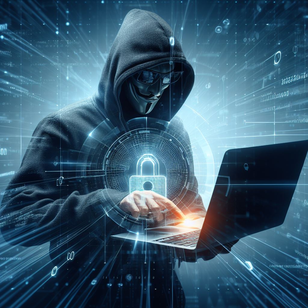 spy anonymous hacker man in front of laptop attempting trying to hack invade using laptop