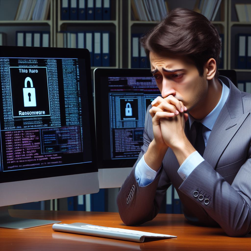 man in business suit sitting on desk worried sad not happy with several monitors in background showing ransomware viruses virus on display